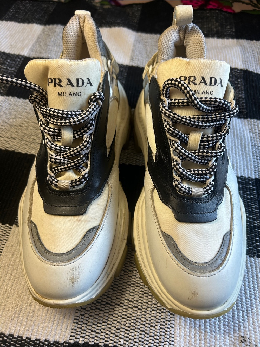 Prada Chunky Lace-Up Sneakers in Cream, Black & Gray - Picture 1 of 10